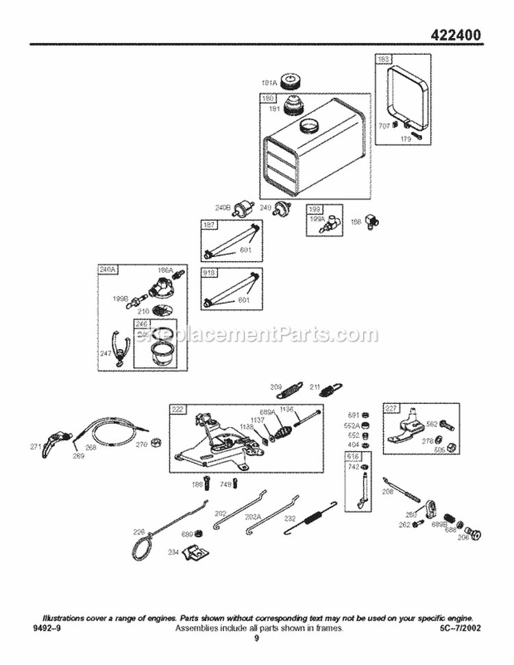 Controls Fuel Tank Diagram and Parts List for 422445-1290-01  Briggs and Stratton Engine